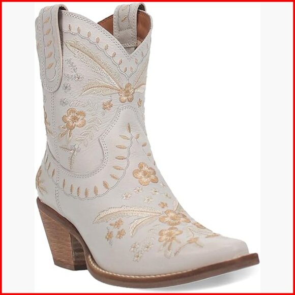 Leather Embroidered Floral Snip Toe Cowboy Booties with 2.5-Inch Heel